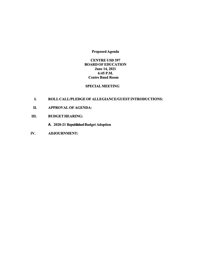 Special Board Meeting Agenda 06/14/2021