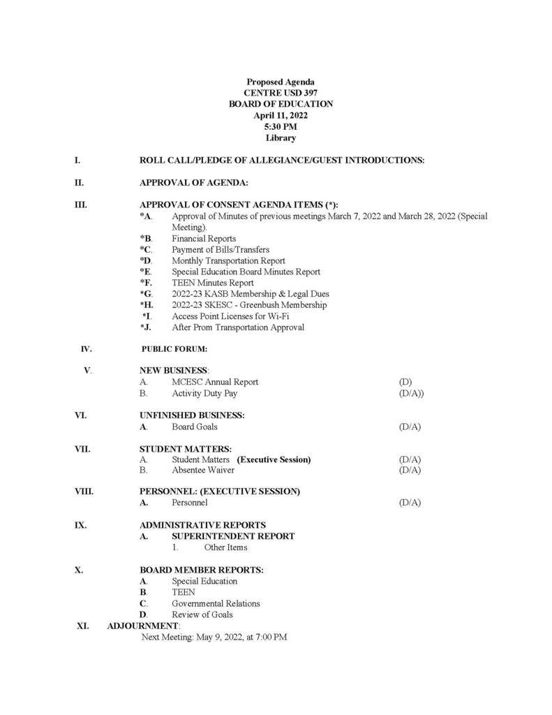 April Board Meeting Agenda - Update: The meeting has been moved to the Band Room from the Library.
